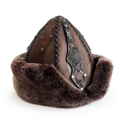 Shark Anatolia Ertuğrul Gazi Zımbalı Metal Yuvarlak Broş Çapraz Dikiş Hakiki Deri Börk Şapka Kahve-60 - 4