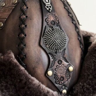 Shark Anatolia Ertuğrul Gazi Zımbalı Metal Yuvarlak Broş Çapraz Dikiş Hakiki Deri Börk Şapka Kahve-60 - 6