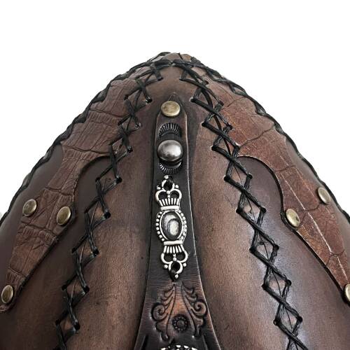 Shark Anatolia Ertuğrul Gazi Zımbalı Metal Yuvarlak Broş Çapraz Dikiş Hakiki Deri Börk Şapka Kahve-60 - 9
