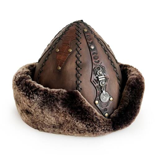 Shark Anatolia Ertuğrul Gazi Zımbalı Osmanlı Tuğra Broş Çapraz Dikiş Hakiki Deri  Börk Şapka Kahve-60 - 3