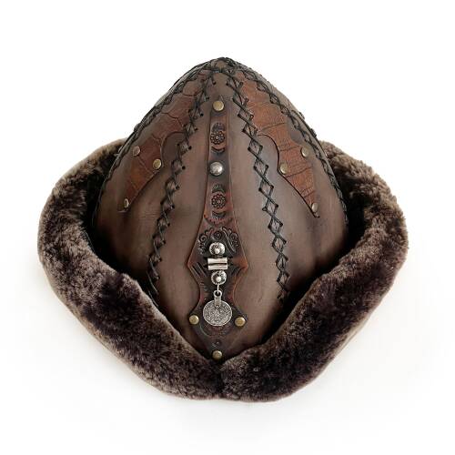 Shark Anatolia Ertuğrul Gazi Zımbalı Osmanlı Tuğra Broş Çapraz Dikiş Hakiki Deri  Börk Şapka Kahve-60 - 4