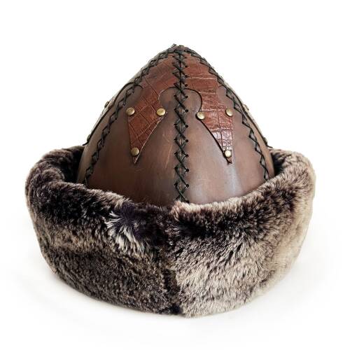 Shark Anatolia Ertuğrul Gazi Zımbalı Osmanlı Tuğra Broş Çapraz Dikiş Hakiki Deri  Börk Şapka Kahve-60 - 5