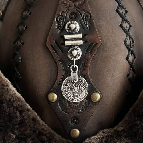 Shark Anatolia Ertuğrul Gazi Zımbalı Osmanlı Tuğra Broş Çapraz Dikiş Hakiki Deri  Börk Şapka Kahve-60 - 7