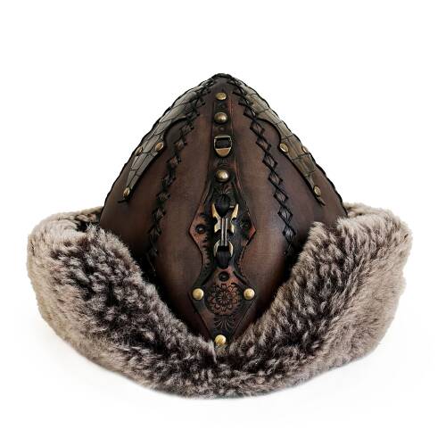Shark Anatolia Ertuğrul Gazi Zımbalı Pirinç Broş Çapraz Dikiş Hakiki Deri  Börk Şapka Kahve-60 - 2