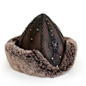 Shark Anatolia Ertuğrul Gazi Zımbalı Pirinç Broş Çapraz Dikiş Hakiki Deri  Börk Şapka Kahve-60 - 4