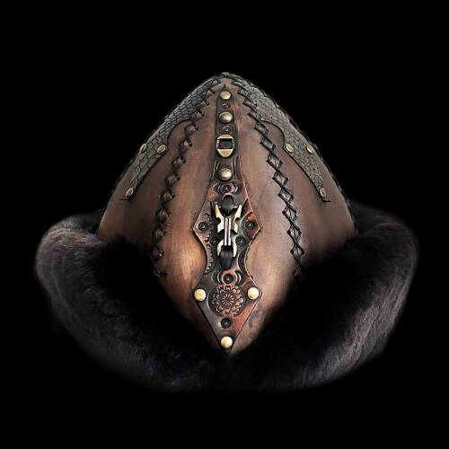 Shark Anatolia Ertuğrul Gazi Zımbalı Pirinç Broş Çapraz Dikiş Hakiki Deri Börk Şapka Kahve-Siyah 60 - 1