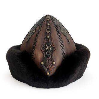 Shark Anatolia Ertuğrul Gazi Zımbalı Pirinç Broş Çapraz Dikiş Hakiki Deri Börk Şapka Kahve-Siyah 60 - 2