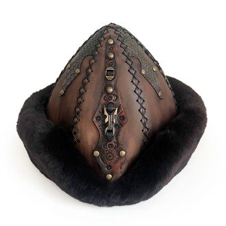 Shark Anatolia Ertuğrul Gazi Zımbalı Pirinç Broş Çapraz Dikiş Hakiki Deri Börk Şapka Kahve-Siyah 60 - 3