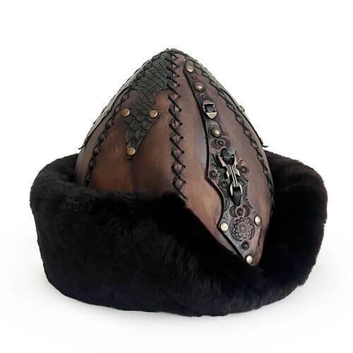 Shark Anatolia Ertuğrul Gazi Zımbalı Pirinç Broş Çapraz Dikiş Hakiki Deri Börk Şapka Kahve-Siyah 60 - 4