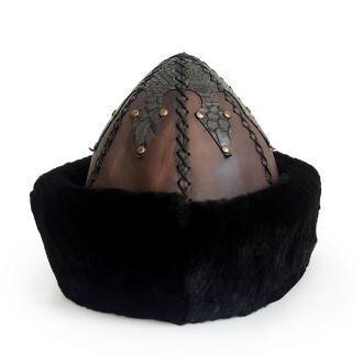 Shark Anatolia Ertuğrul Gazi Zımbalı Pirinç Broş Çapraz Dikiş Hakiki Deri Börk Şapka Kahve-Siyah 60 - 5