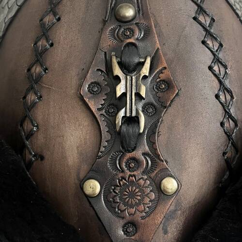 Shark Anatolia Ertuğrul Gazi Zımbalı Pirinç Broş Çapraz Dikiş Hakiki Deri Börk Şapka Kahve-Siyah 60 - 7