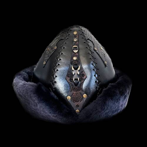 Shark Anatolia Ertuğrul Gazi Zımbalı Pirinç Broş Çapraz Dikiş Hakiki Deri Börk Şapka Siyah-60 - 1