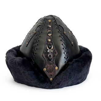 Shark Anatolia Ertuğrul Gazi Zımbalı Pirinç Broş Çapraz Dikiş Hakiki Deri Börk Şapka Siyah-60 - 2