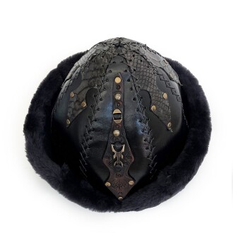 Shark Anatolia Ertuğrul Gazi Zımbalı Pirinç Broş Çapraz Dikiş Hakiki Deri Börk Şapka Siyah-60 - 3