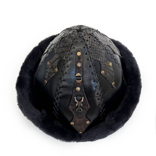 Shark Anatolia Ertuğrul Gazi Zımbalı Pirinç Broş Çapraz Dikiş Hakiki Deri Börk Şapka Siyah-60 - 3