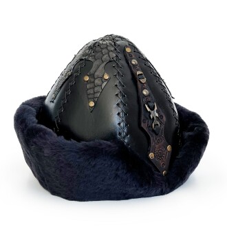 Shark Anatolia Ertuğrul Gazi Zımbalı Pirinç Broş Çapraz Dikiş Hakiki Deri Börk Şapka Siyah-60 - 4