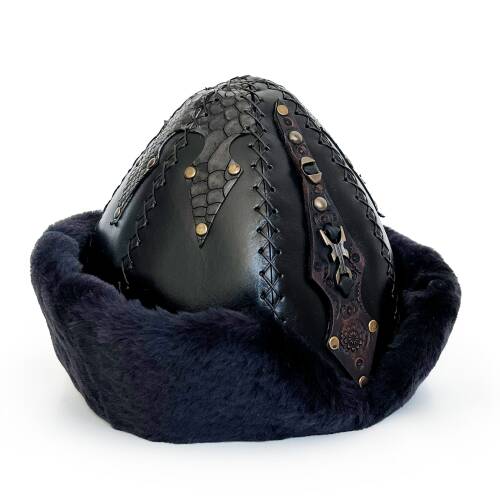 Shark Anatolia Ertuğrul Gazi Zımbalı Pirinç Broş Çapraz Dikiş Hakiki Deri Börk Şapka Siyah-60 - 4