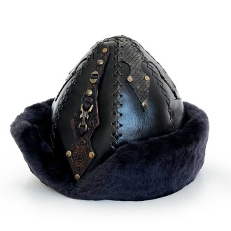 Shark Anatolia Ertuğrul Gazi Zımbalı Pirinç Broş Çapraz Dikiş Hakiki Deri Börk Şapka Siyah-60 - 5