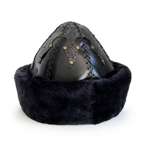 Shark Anatolia Ertuğrul Gazi Zımbalı Pirinç Broş Çapraz Dikiş Hakiki Deri Börk Şapka Siyah-60 - 7