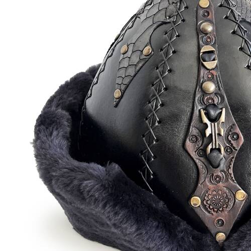 Shark Anatolia Ertuğrul Gazi Zımbalı Pirinç Broş Çapraz Dikiş Hakiki Deri Börk Şapka Siyah-60 - 8