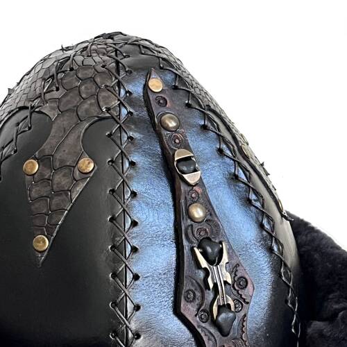 Shark Anatolia Ertuğrul Gazi Zımbalı Pirinç Broş Çapraz Dikiş Hakiki Deri Börk Şapka Siyah-60 - 9