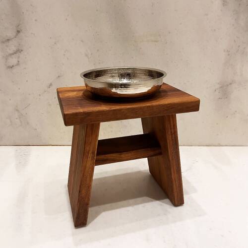 Shark Anatolia İroko Ahşap Banyo Taburesi Oturak ve Beyaz Bakır Hamam Tası Seti - 3