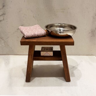 Shark Anatolia İroko Ahşap Banyo Taburesi Oturak ve Beyaz Bakır Hamam Tası Seti - 5