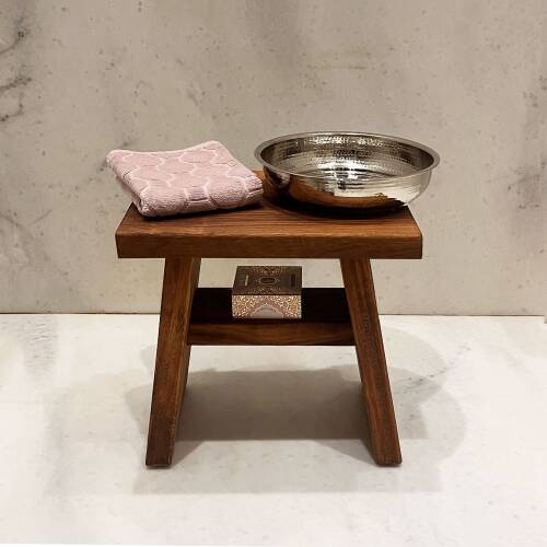 Shark Anatolia İroko Ahşap Banyo Taburesi Oturak ve Beyaz Bakır Hamam Tası Seti - 5