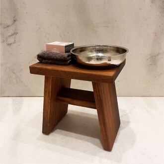 Shark Anatolia İroko Ahşap Banyo Taburesi Oturak ve Beyaz Bakır Hamam Tası Seti - 6