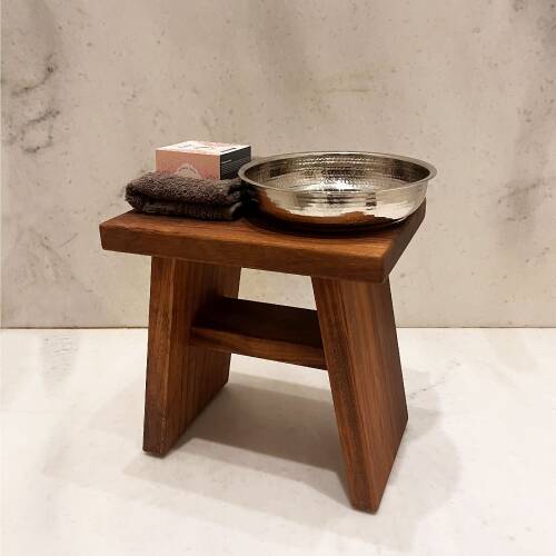 Shark Anatolia İroko Ahşap Banyo Taburesi Oturak ve Beyaz Bakır Hamam Tası Seti - 6