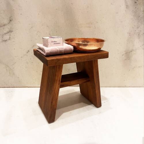 Shark Anatolia İroko Ahşap Banyo Taburesi Oturak ve Kızıl Bakır Hamam Tası Seti - 1