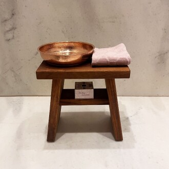 Shark Anatolia İroko Ahşap Banyo Taburesi Oturak ve Kızıl Bakır Hamam Tası Seti - 5