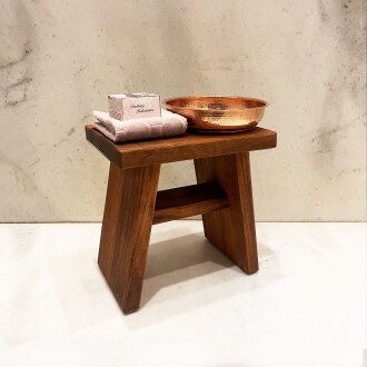 Shark Anatolia İroko Ahşap Banyo Taburesi Oturak ve Kızıl Bakır Hamam Tası Seti 