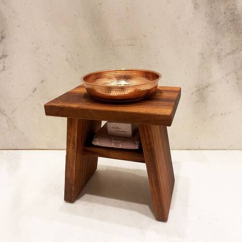 Shark Anatolia İroko Ahşap Banyo Taburesi Oturak ve Kızıl Bakır Hamam Tası Seti - 6