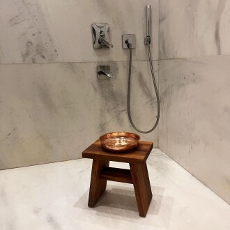 Shark Anatolia İroko Ahşap Banyo Taburesi Oturak ve Kızıl Bakır Hamam Tası Seti - 7