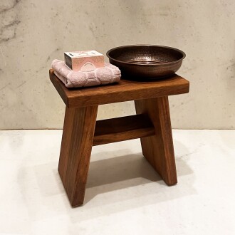 Shark Anatolia İroko Ahşap Banyo Taburesi Oturak ve Oksit Bakır Hamam Tası Seti 