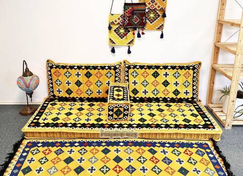 Shark Anatolia Katar Desenli Şark Köşesi İkili Sedir Takımı Hardal - 1