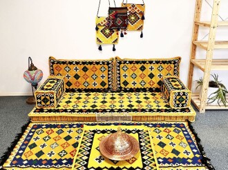 Shark Anatolia Katar Desenli Şark Köşesi İkili Sedir Takımı Hardal - 5