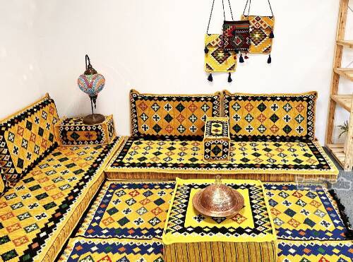 Shark Anatolia Katar Desenli Şark Köşesi İkili Sedir Takımı Hardal - 7