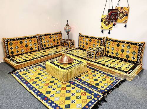 Shark Anatolia Katar Desenli Şark Köşesi İkili Sedir Takımı Hardal - 8