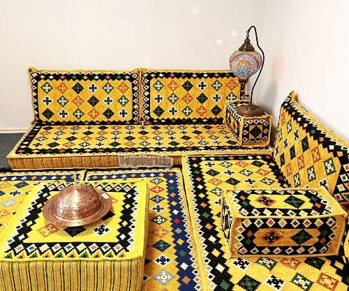 Shark Anatolia Katar Desenli Şark Köşesi İkili Sedir Takımı Hardal - 9