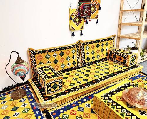 Shark Anatolia Katar Desenli Şark Köşesi İkili Sedir Takımı Hardal - 10