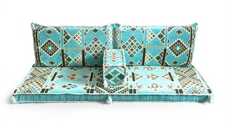 Shark Anatolian Rug Pattern Oriental Corner Double Floor Seating Set Turquoise
