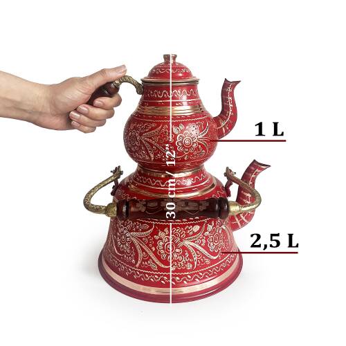 Shark Anatolia Kırmızı Bakır Çaydanlık Erzincan El İşleme 10 Kişilik - 3