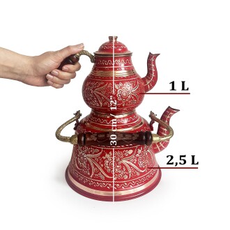 Shark Anatolia Kırmızı Bakır Çaydanlık Erzincan El İşleme 10 Kişilik - 3