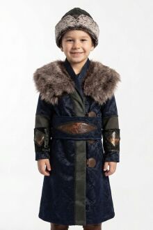 Ottoman Alp Kids Costume with Fur Collar-Dark Blue, Turkish Circumcision Outfit, Royal Kaftan for Wedding and Stage Performance