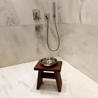 Shark Anatolia Maun Ahşap Banyo Taburesi Oturak ve Beyaz Bakır Hamam Tası Seti - 7