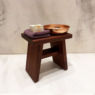 Shark Anatolia Bath Stool Mahogany Sipo Wood Handmade Shower Bench and Red Copper Hammam Bath Bowl Set 