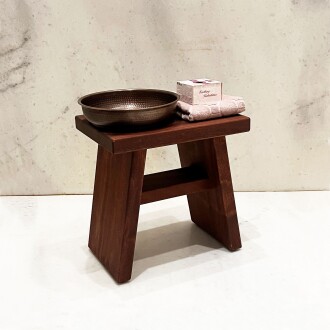 Shark Anatolia Bath Stool Mahogany Sipo Wood Handmade Shower Bench and Oxide Copper Hammam Bath Bowl Set 