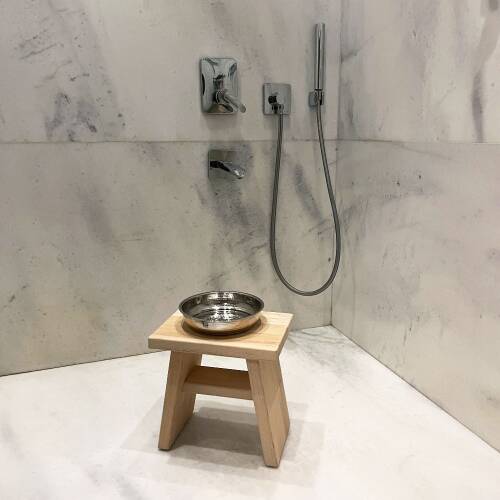 Shark Anatolia Sedir Ahşap Banyo Taburesi Oturak ve Beyaz Bakır Hamam Tası Seti - 8